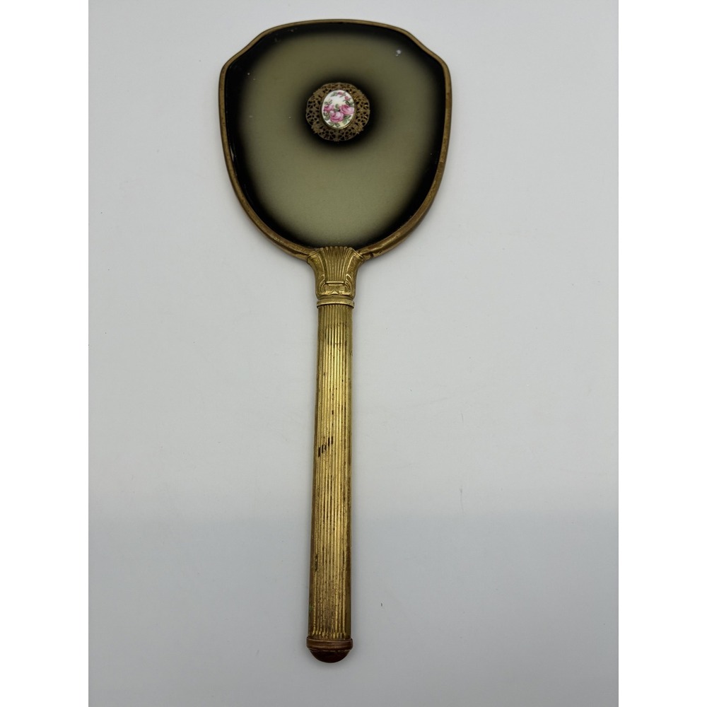 Vintage Gold Tone Hand Mirror Pink Rose Cameo Filigree Enamel Green Black
